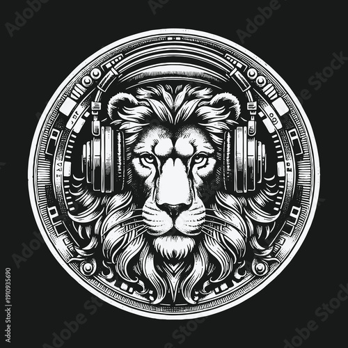 Lion with Headphones: A Fusion of Nature and Technology in Harmony.