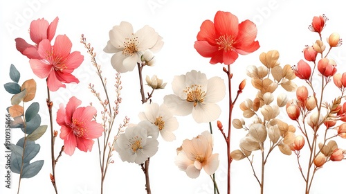 Bright flowers in different colors and shapes arranged neatly on a white background for decoration purposes
