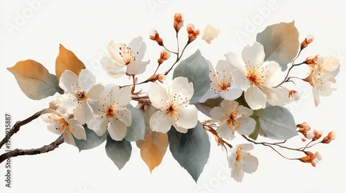 Blossoming cherry tree branch with white flowers and green leaves in spring