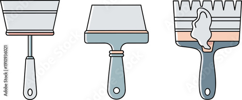 Collection of three flat design paint brushes with different bristle styles and one with paint