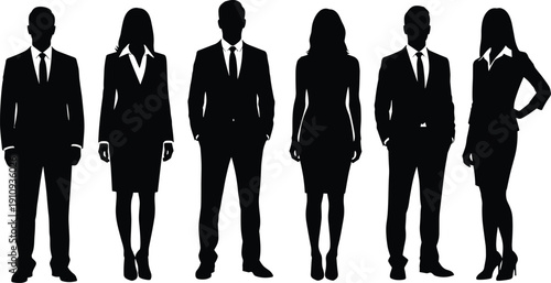 Silhouettes of professional business people standing in a row wearing formal suits and office attire 