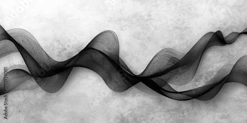 Elegant black smoke waves create a detailed gray texture and curved x-ray art pattern on a white background for a light metal design illustration