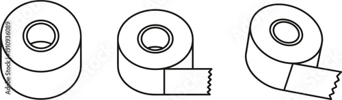 Set of three adhesive tape rolls in different perspectives, simple line art illustration