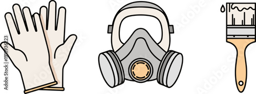 Protective gear for painting: gloves, respirator mask, and paintbrush with paint drips