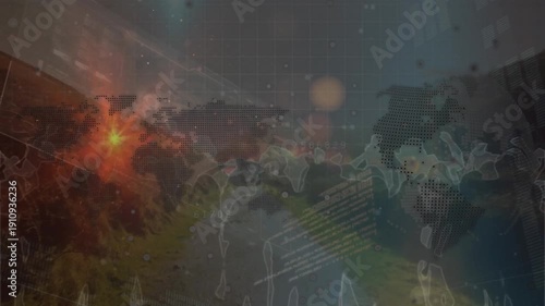 Animation of light spot over world map and globe against silhouette of people dancing