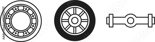 Set of automotive parts icons: bearing, wheel, and axle component