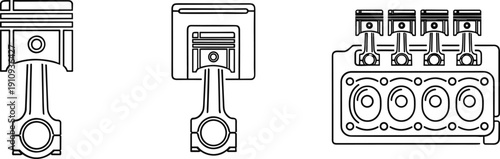 Detailed line art illustrations of engine pistons and cylinder block