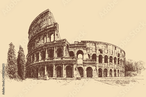 Colosseum, Italy illustration in a vintage style. This vector illustration can be used in any size you like for advertising, logos, and other work.