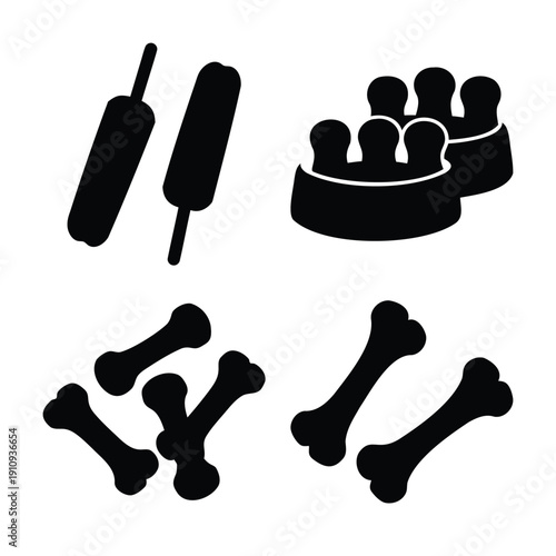 A collection of essential pet care items including bones, treats, and food bowls