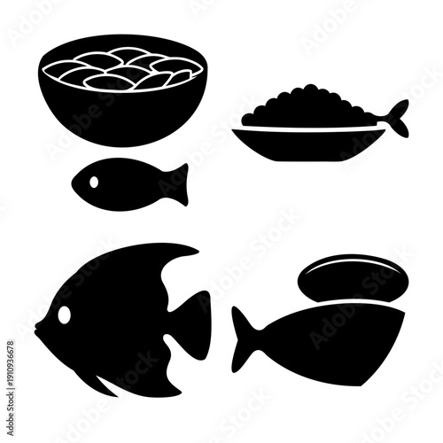 Stylized black silhouette icons featuring diverse fish and delectable seafood dishes
