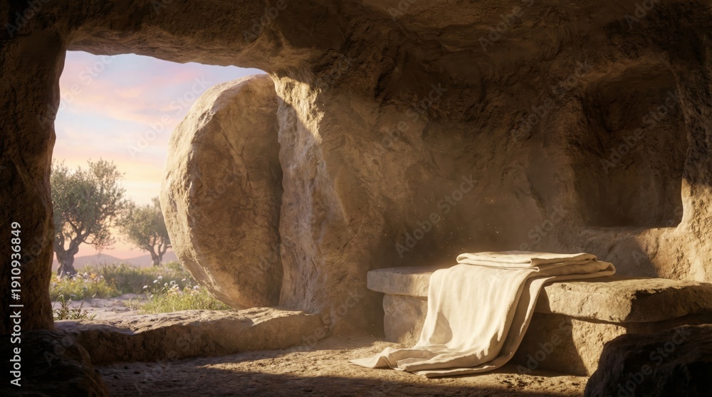 Fototapeta premium Empty tomb of Jesus Christ with burial cloth, open grave. Resurrection of Christ, Easter morning concept for religious holiday.