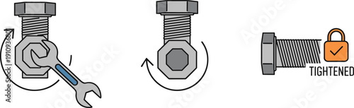 Illustration showing the process of tightening a bolt and nut with a wrench and a lock symbol