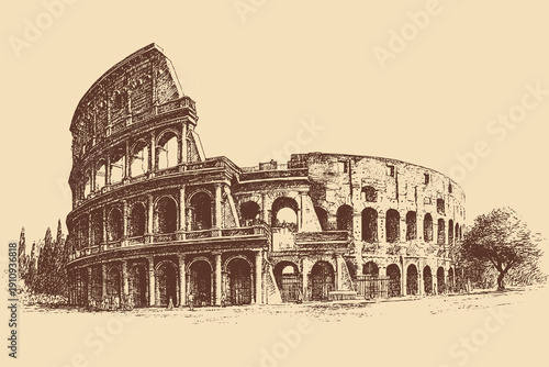 Colosseum, Italy illustration in a vintage style. This vector illustration can be used in any size you like for advertising, logos, and other work.