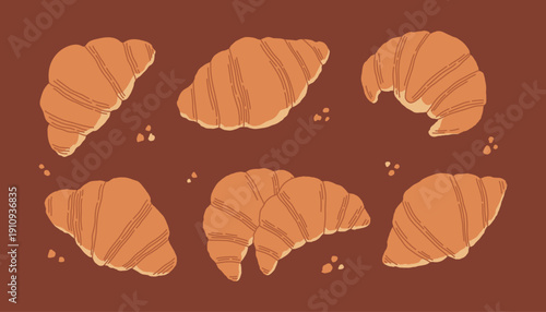 Flat vector croissant set in warm brown tones. Cute bakery illustrations perfect for cafe branding, food packaging, menus, posters, patterns, stickers and breakfast or dessert themed designs