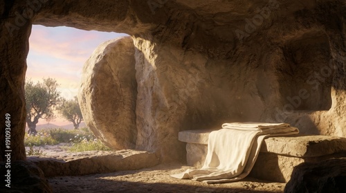 Empty tomb of Jesus Christ with burial cloth, open grave. Resurrection of Christ, Easter morning concept for religious holiday.
