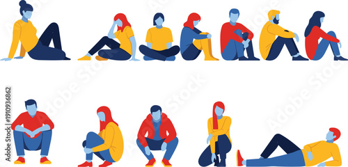 Flat vector illustration of diverse depressed people sitting alone, expressing sadness, loneliness, anxiety and mental health awareness concept