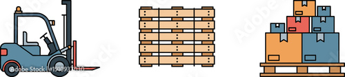 Forklift, wooden pallet, and stacked boxes on pallet in flat design style