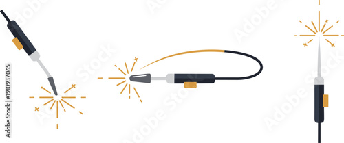 Set of three welding torches with sparks, illustrating different angles and operations