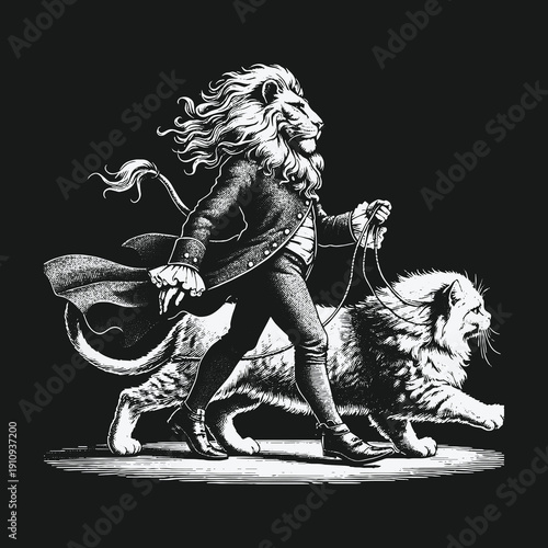 Lion-headed man walking a lion in a surreal illustration.