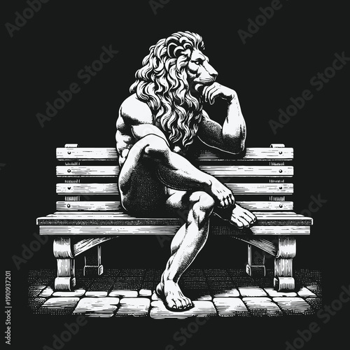 Lion Man Contemplating on Bench: A Study in Thought and Form.