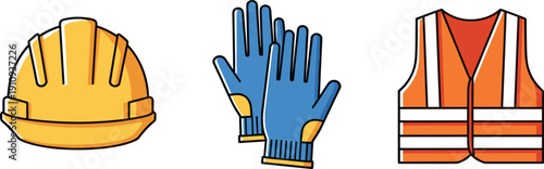 Construction safety gear including hard hat, gloves, and high-visibility vest