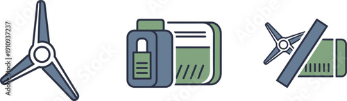 Set of three icons representing drone propeller, battery, and drone with battery