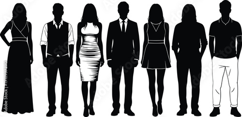Silhouettes of diverse men and women standing in a row wearing various formal, business, casual, and elegant fashion styles.