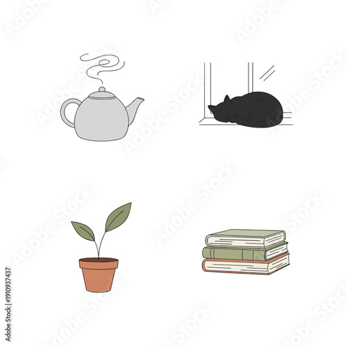 Cozy Home Lifestyle Vector Illustration Set Featuring a Steaming Teapot Black Cat Sleeping on Window Sill Potted Plant and Stack of Books