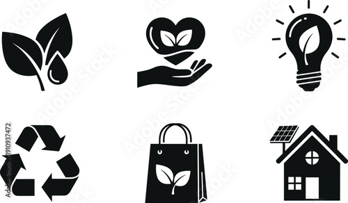 Set of eco-friendly icons representing sustainability, recycling, and renewable energy sources