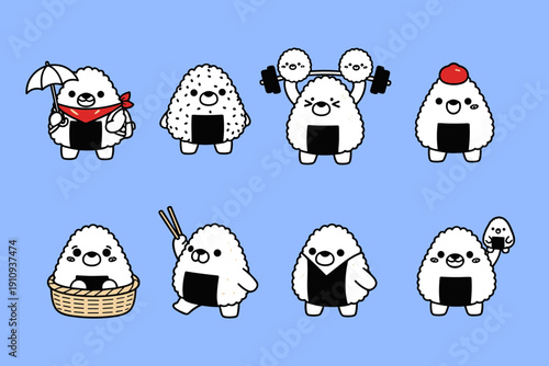 Cute Onigiri Rice Ball Character Set Performing Various Activities Like Weightlifting Hiking and Eating with Chopsticks in Kawaii Japanese Style