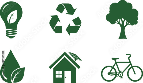 Set of green eco-friendly icons representing sustainability and environmental protection