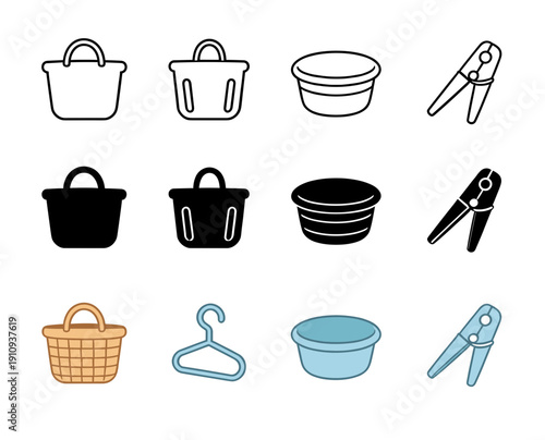 Comprehensive Laundry and Shopping Basket Icon Collection with Hanger Basin and Pegs in Minimalist Linear and Filled Vector Graphic Style
