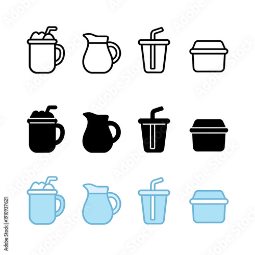 Takeaway Drink and Food Container Icon Set with Milkshake Pitcher Soda Cup and Meal Box in Various Professional Linear and Filled Styles