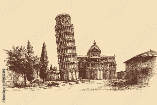 Leaning Tower of Pisa, Italy illustration in a vintage style. This vector illustration can be used in any size you like for advertising, logos, and other work.