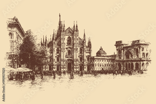 Milan Cathedral, Italy illustration in a vintage style. This vector illustration can be used in any size you like for advertising, logos, and other work.
