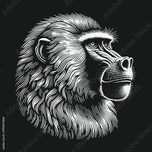 Detailed Engraving of a Baboons Face with Striking Line Work.
