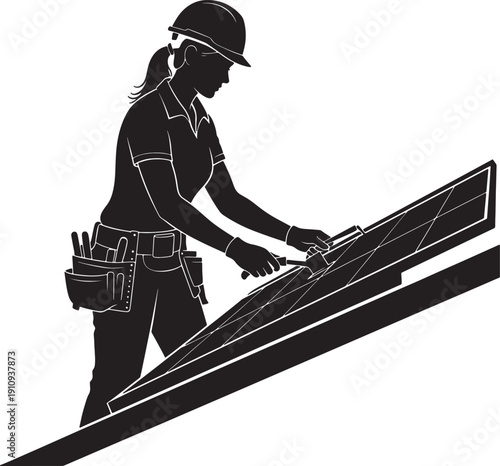 Woman installing solar panel on roof