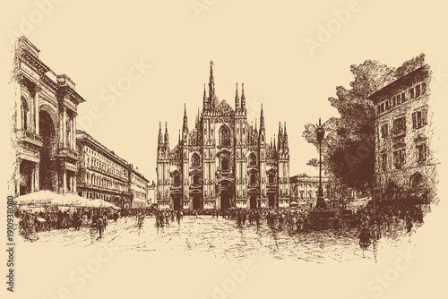 Milan Cathedral, Italy illustration in a vintage style. This vector illustration can be used in any size you like for advertising, logos, and other work.