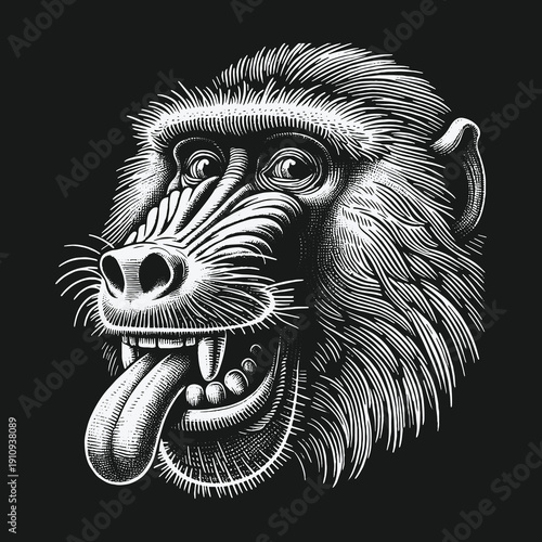 Detailed Engraving of a Baboon with Tongue Out.