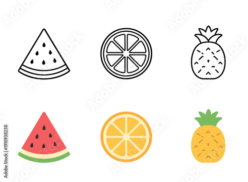 Set of fresh fruit icons featuring watermelon orange and pineapple in both black line art and colorful flat vector styles on white background