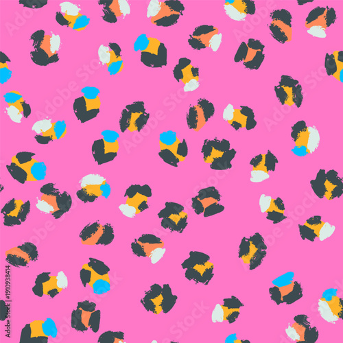 Abstract leopard-inspired vector pattern in vivid pink with bold black, orange, yellow, cream and electric blue spots. Perfect for youth fashion, swimwear and vibrant lifestyle products