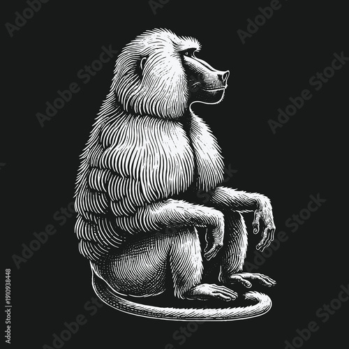 Detailed Engraving of a Baboon Sitting in Profile on Black.