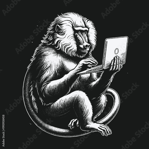 Baboons Digital Dive: A Primates Tech-Savvy Moment in Monochrome.
