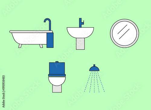 Modern bathroom interior furniture and sanitary equipment icons collection featuring bathtub washbasin mirror toilet and shower head illustration