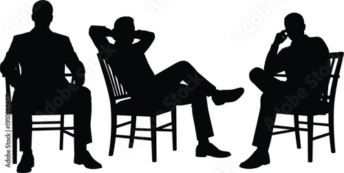 Silhouette illustration of three men seated on chairs in different thoughtful and relaxed poses, highlighting formal posture, business attitude, and body language concepts
