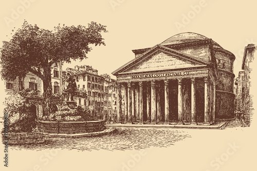 Pantheon Rome, Italy illustration in a vintage style. This vector illustration can be used in any size you like for advertising, logos, and other work.