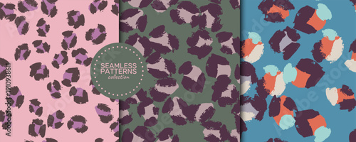 Seamless leopard inspired vector pattern collection in three stylish colorways pink with plum and charcoal olive with mauve and cream and teal with orange coral and navy