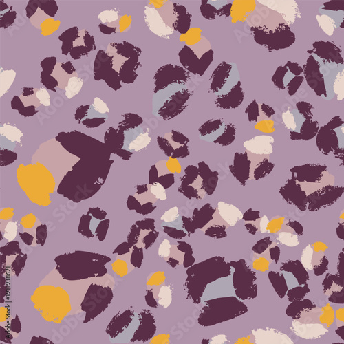 Sophisticated abstract leopard-inspired vector pattern in muted lavender with deep plum, ochre, cream and soft grey accents