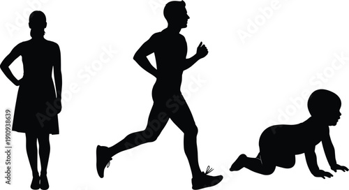 Silhouette illustration of standing adult, running adult, and crawling baby on white background symbolizing human growth, life stages, development, progress, and generational transition