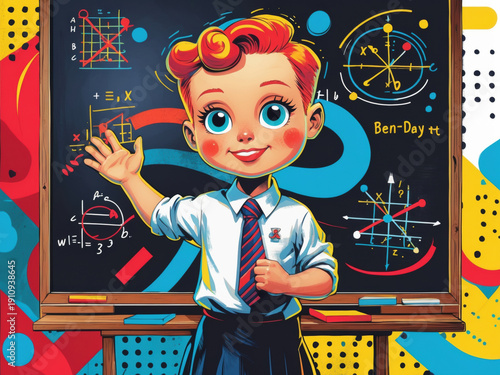 A cheerful cartoon boy in a school uniform stands in front of a chalkboard. The vibrant pop-art illustration features bold outlines, bright colors, and Ben-Day dot patterns.